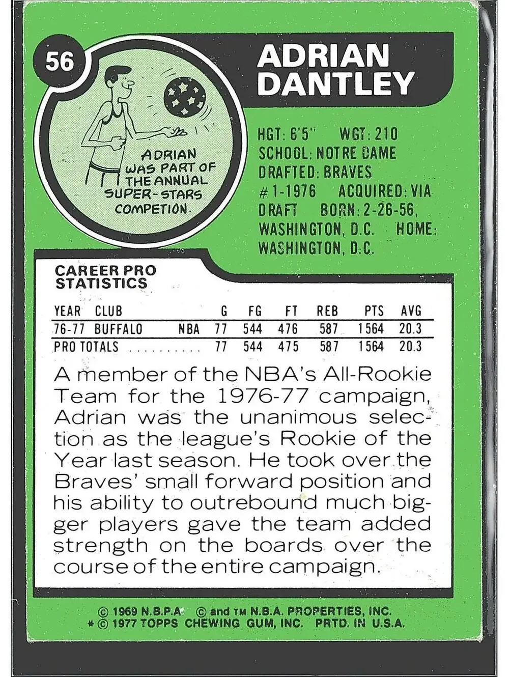 1977-78 Topps #56 Adrian Dantley White Backs HAND SIGNED